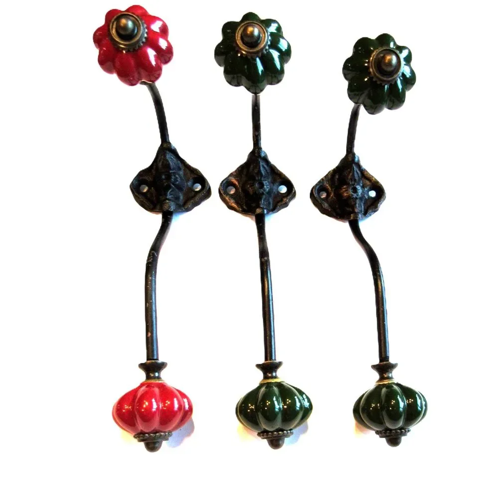 Metal hangers 3 wall hooks beautiful design green red melon ceramic knob 6-3/4in